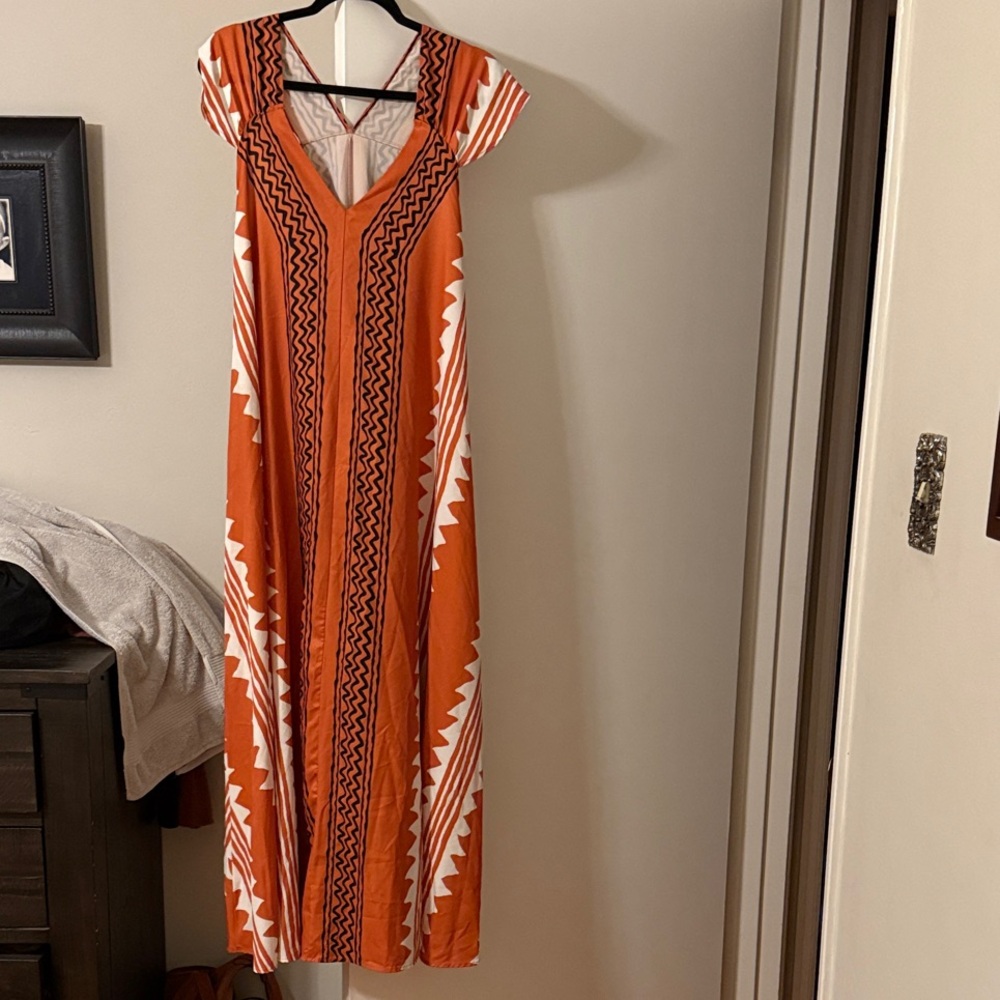 Vibrant Orange Patterned Maxi Dress